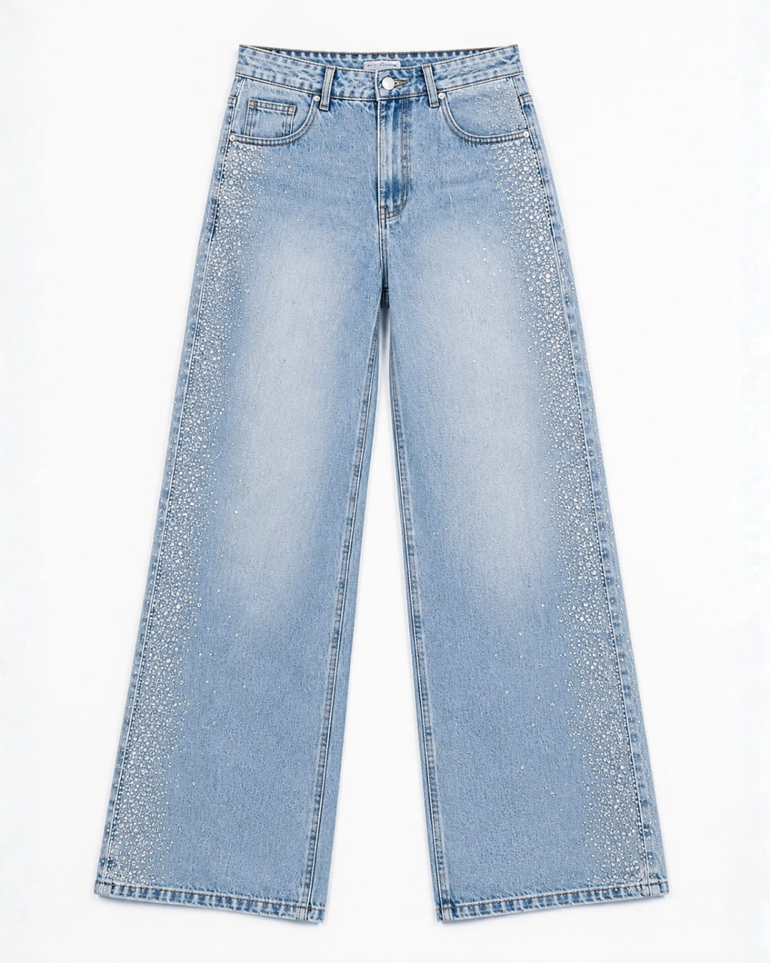 Mira - Rhinestone Embellished Wide Leg Jeans - Ice Blue