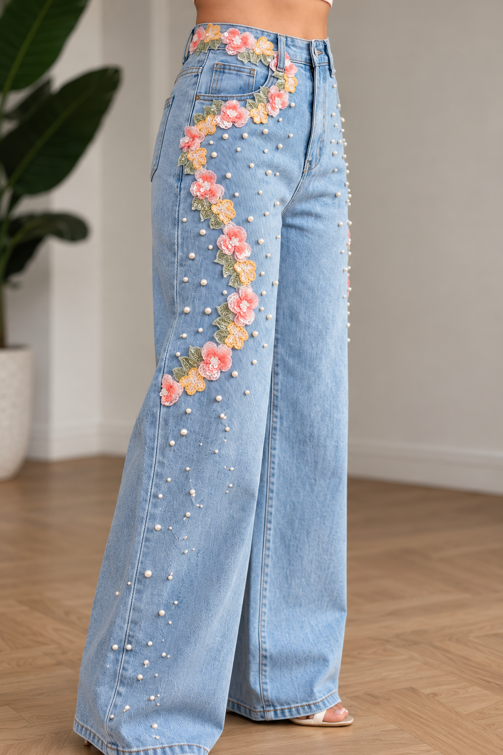 (Limited Edition) Coral Fluèr - Embellished Lace Jeans - Ice Blue