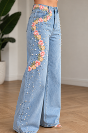 (Limited Edition) Coral Fluèr - Embellished Lace Jeans - Ice Blue