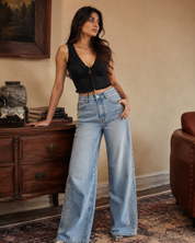 Mira - Rhinestone Embellished Wide Leg Jeans - Ice Blue