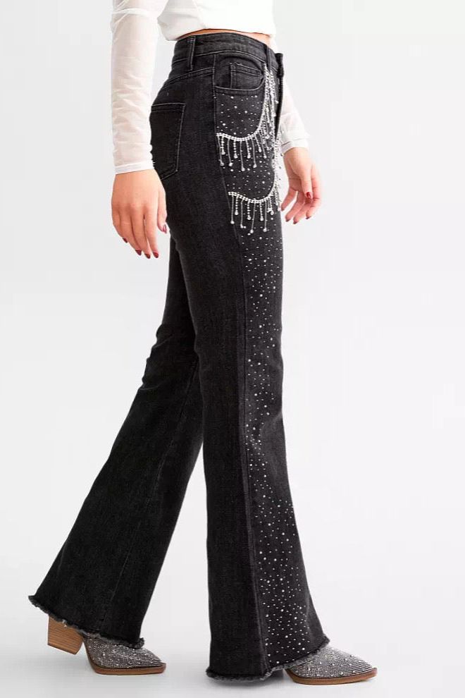 Habibi - High Rise Rhinestone Embellished Wide Leg Flared Jeans - Black