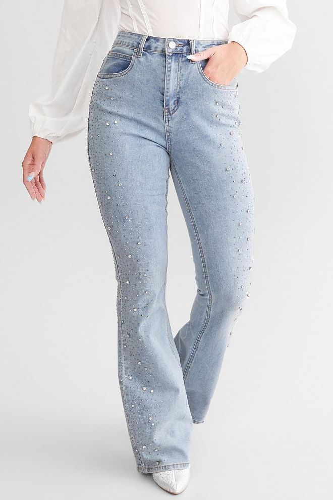 High Rise Rhinestone Embellished Boot Cut Flared Jeans - Ice Blue
