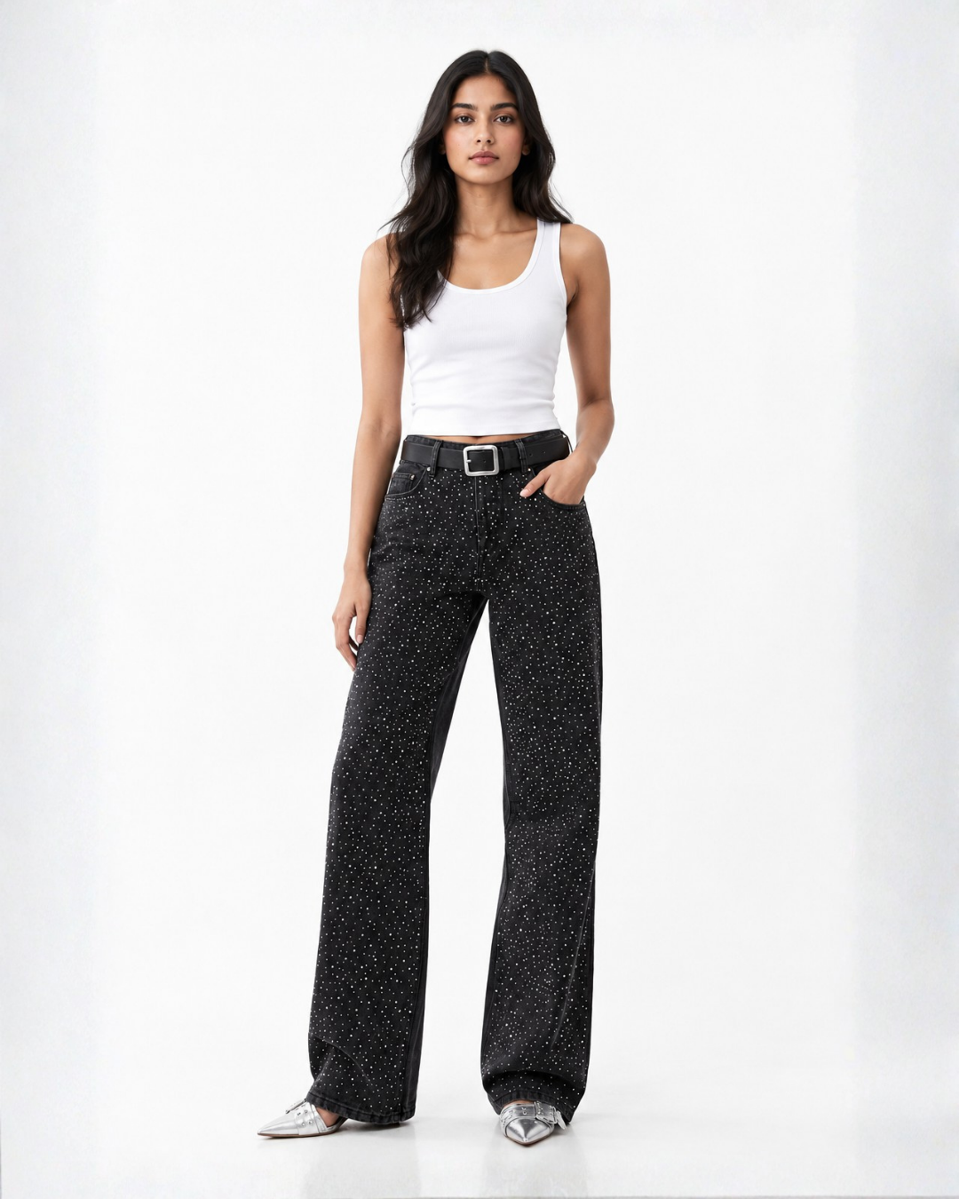 Lunar Lava - Rhinestone Embellished Wide Leg Jeans - Black