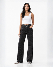 Lunar Lava - Rhinestone Embellished Wide Leg Jeans - Black