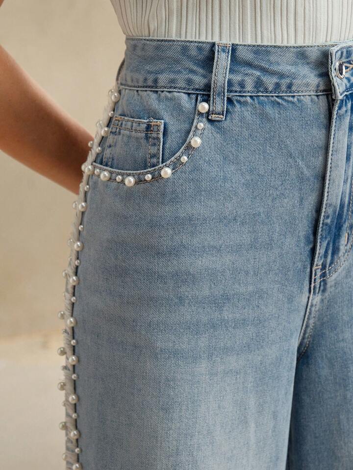 Lea - Pearl Embellished Wide Leg Jeans - Ice Blue
