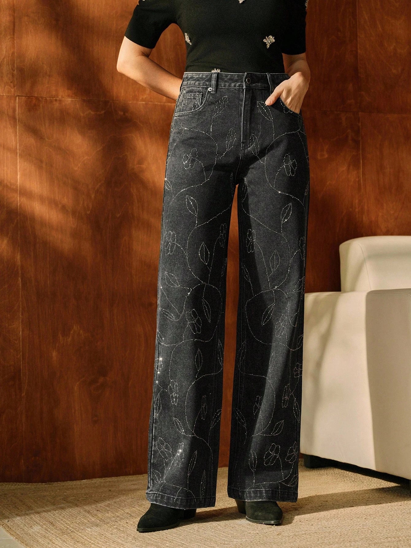 Nancy - Rhinestone Embellished Wide Leg Jeans - Black