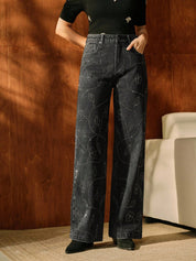 Nancy - Rhinestone Embellished Wide Leg Jeans - Black