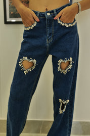 Eros - Rhinestone Embellished Cut Out Jeans - Dark Blue