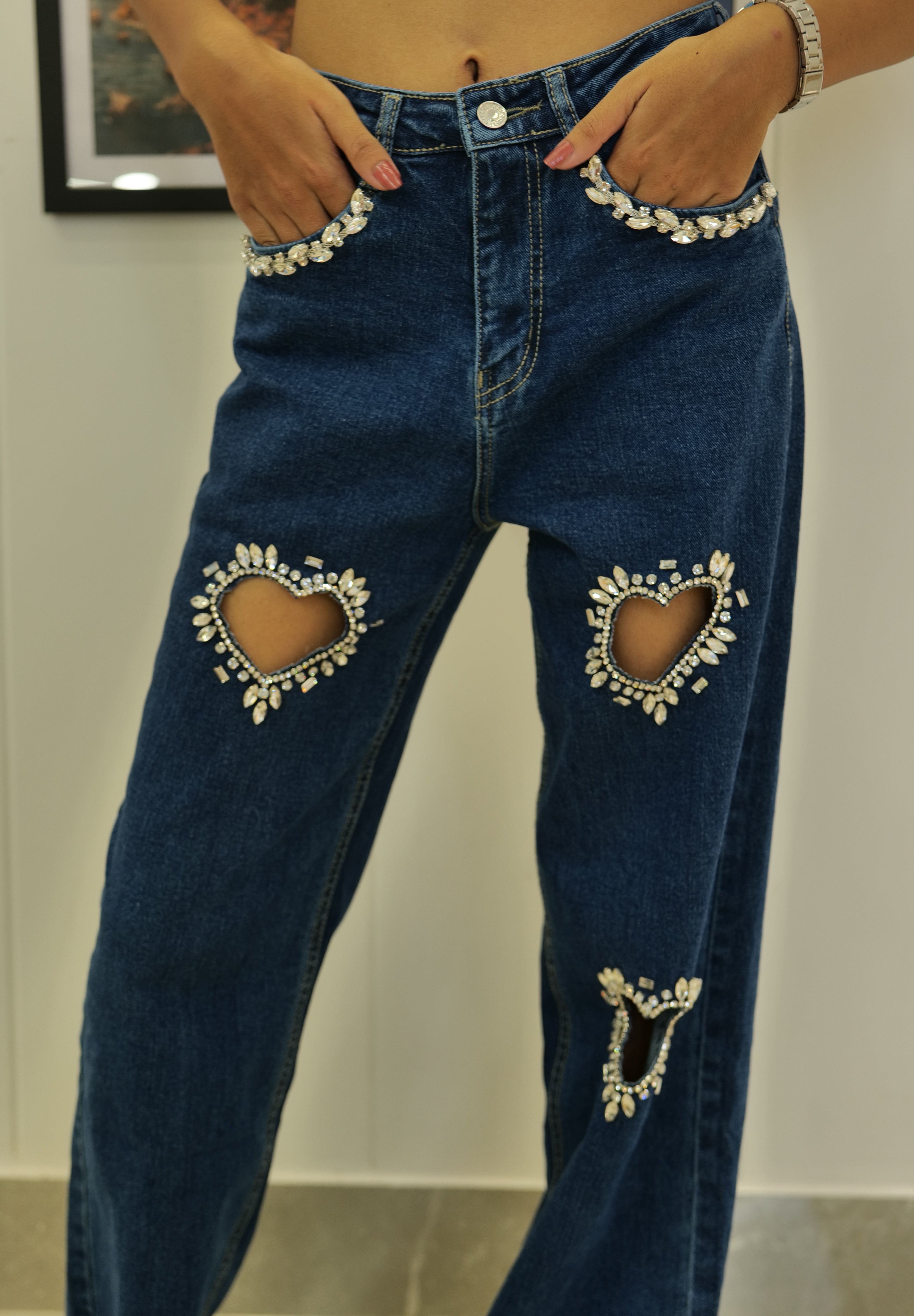 Eros - Rhinestone Embellished Cut Out Jeans - Dark Blue