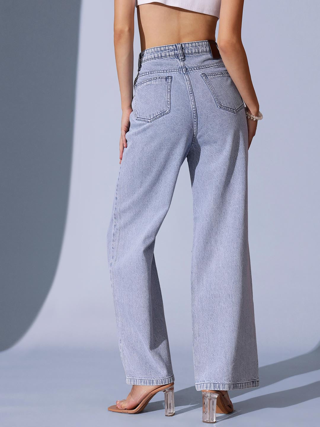 Sparkle Drip  - Distressed Rhinestone Embellished Wide Leg Jeans - Ice Blue