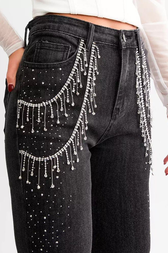 Habibi - High Rise Rhinestone Embellished Wide Leg Flared Jeans - Black