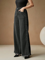 Myra - High Rise Pearl Embellished Wide Leg Jeans