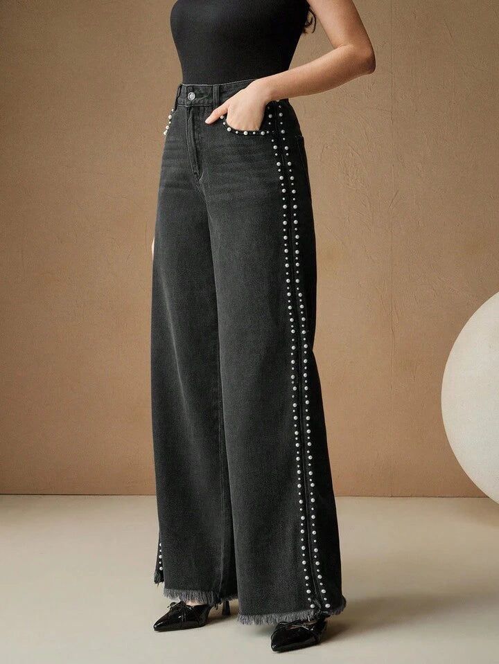 Myra - High Rise Pearl Embellished Wide Leg Jeans