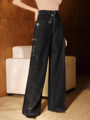 Black Diamond Mist - Rhinestone Embellished Wide Leg Jeans