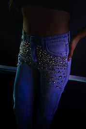 Glam Slam - Rhinestone Embellished Wide Leg Jeans - Ice Blue