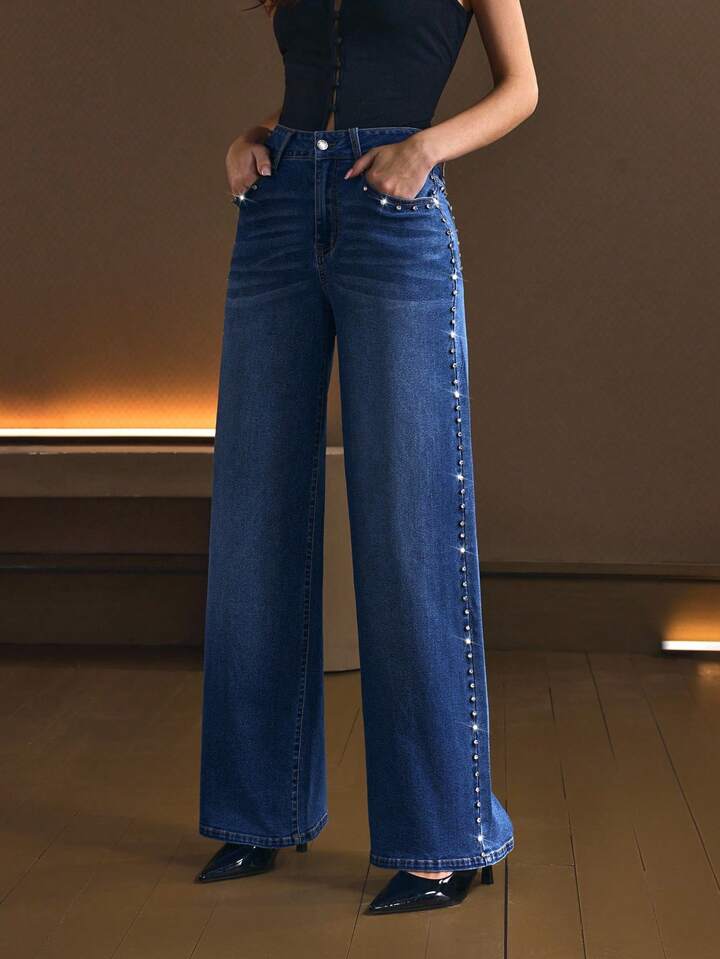 Starline - Rhinestone Embellished Wide Leg Jeans - Stone Blue