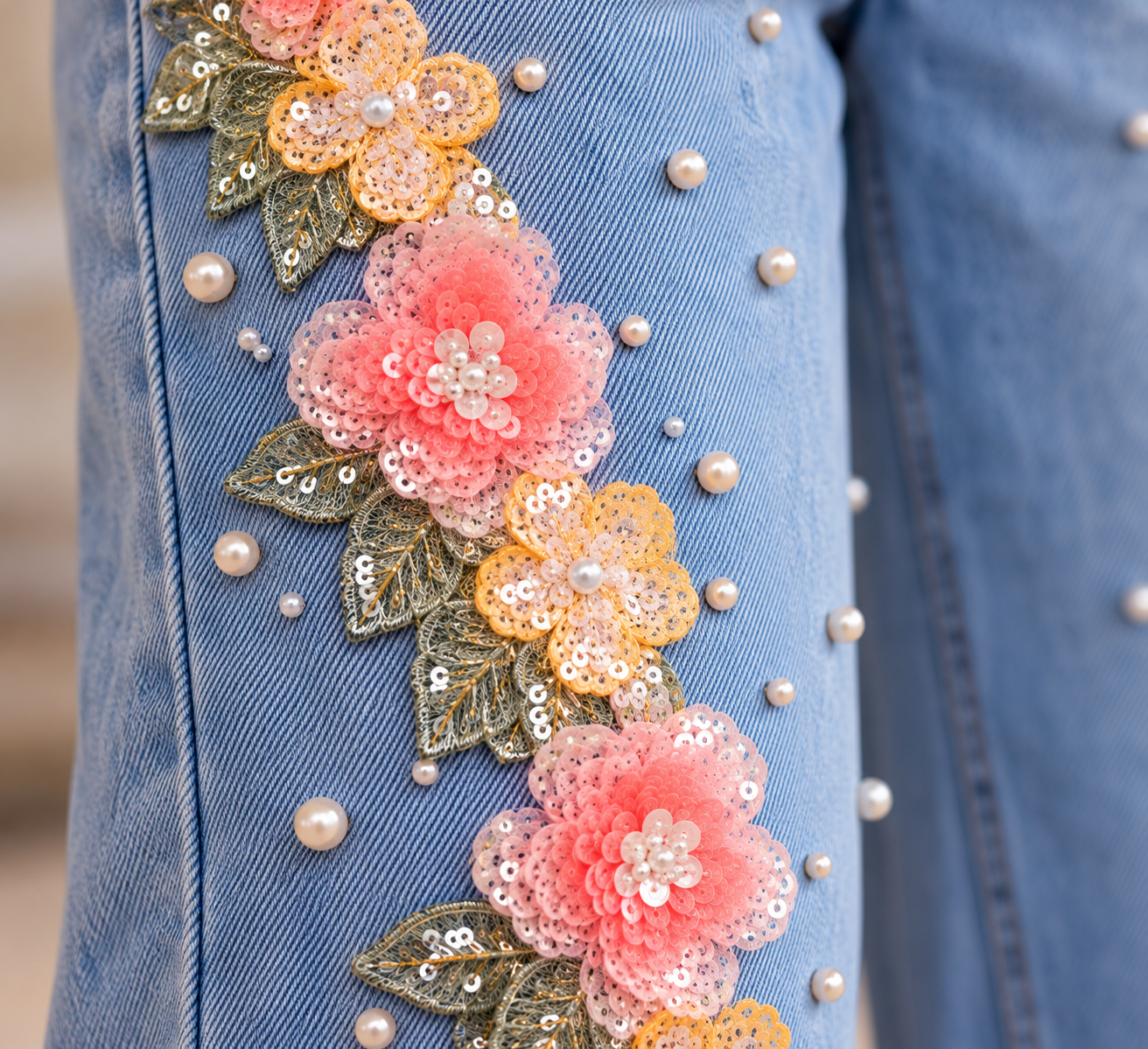 (Limited Edition) Coral Fluèr - Embellished Lace Jeans - Ice Blue