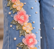 (Limited Edition) Coral Fluèr - Embellished Lace Jeans - Ice Blue