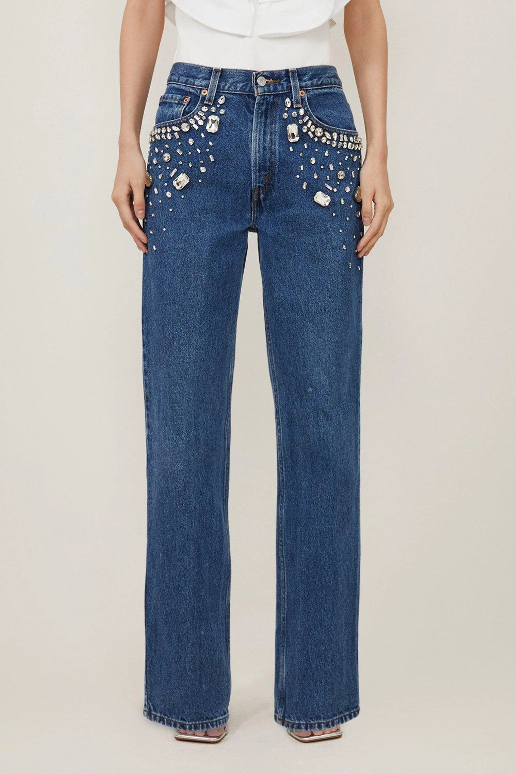 Tanya - Rhinestone Embellished Wide Leg Jeans - Dark Blue