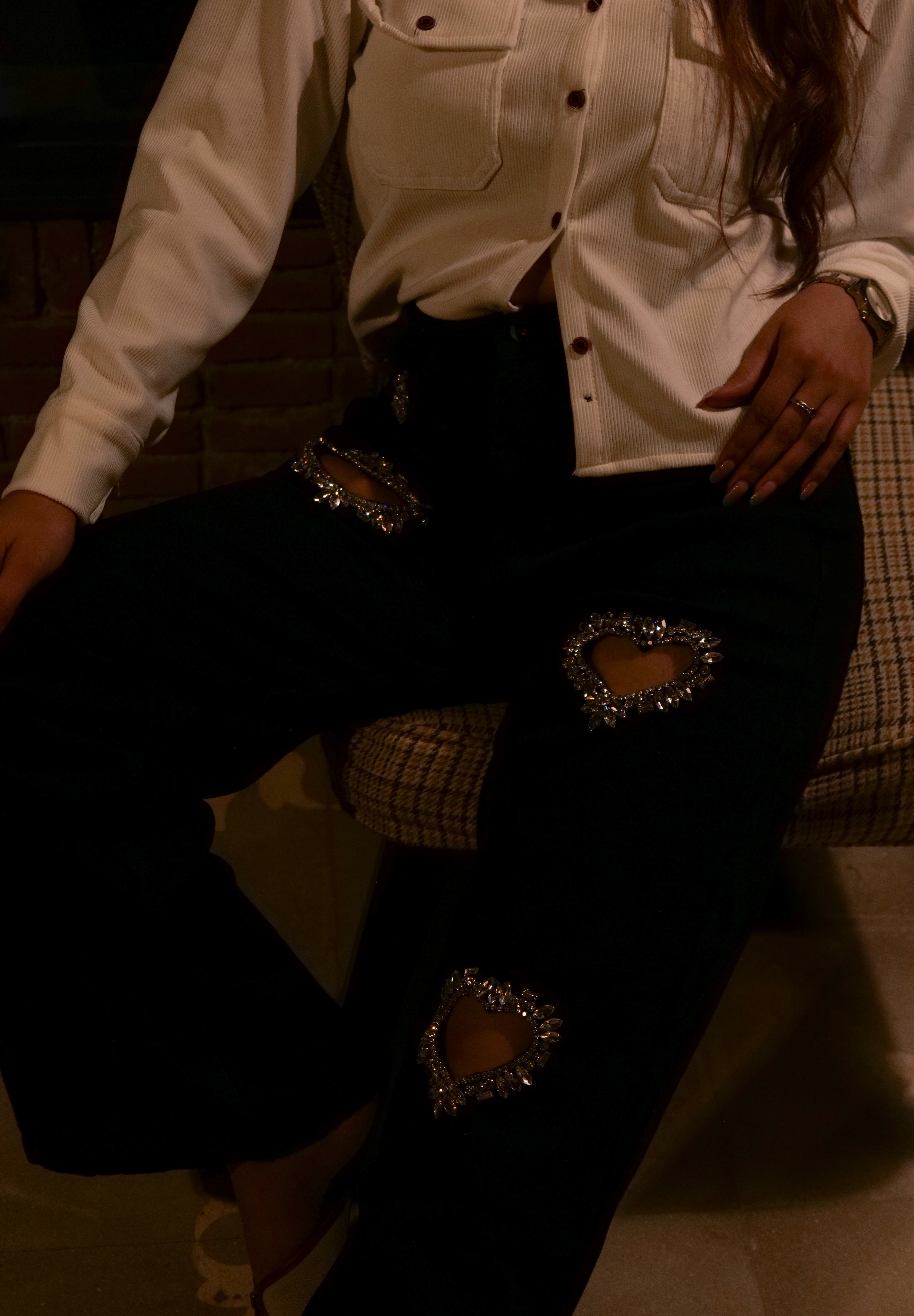 Black Heart - Rhinestone Embellished Cut Out Jeans - Black