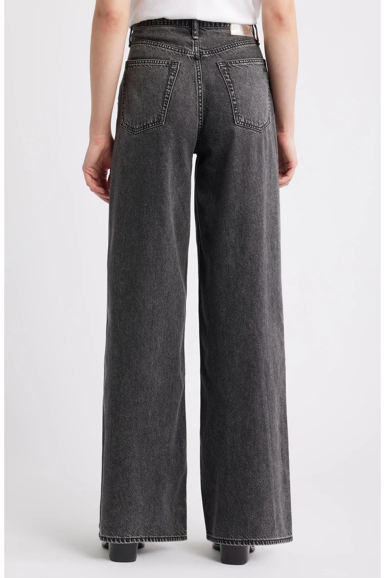 Glam Noir - Rhinestone Embellished Wide Leg Jeans - Black