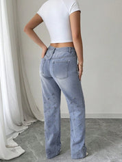 Rhinestone Embellished Wide Leg Jeans - Diana