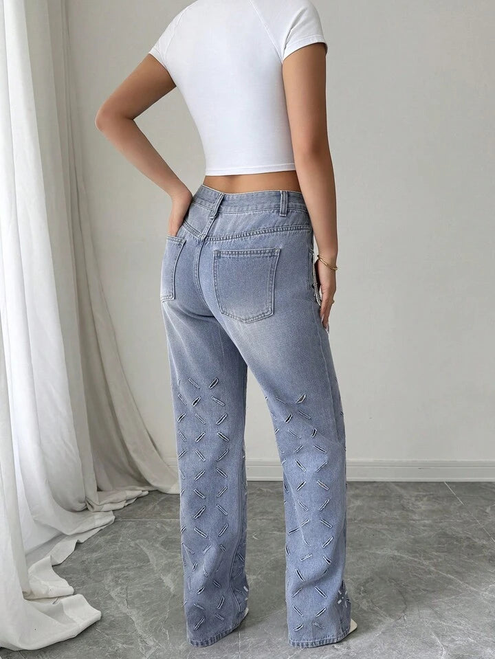 Rhinestone Embellished Wide Leg Jeans - Diana
