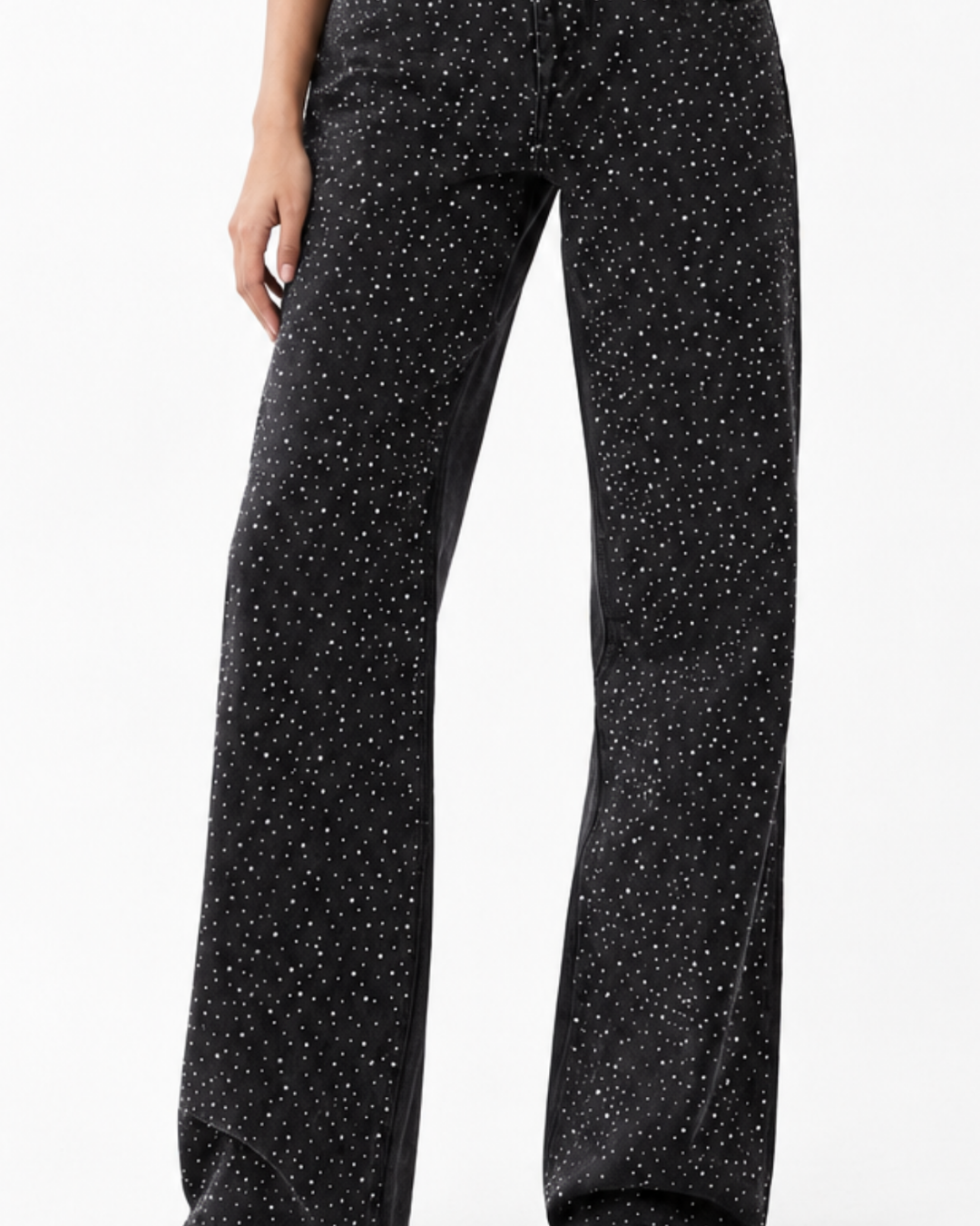 Lunar Lava - Rhinestone Embellished Wide Leg Jeans - Black