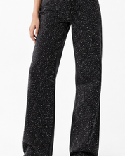 Lunar Lava - Rhinestone Embellished Wide Leg Jeans - Black