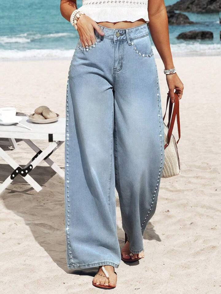Samantha - Rhinestone Embellished Wide Leg Jeans - Ice Blue