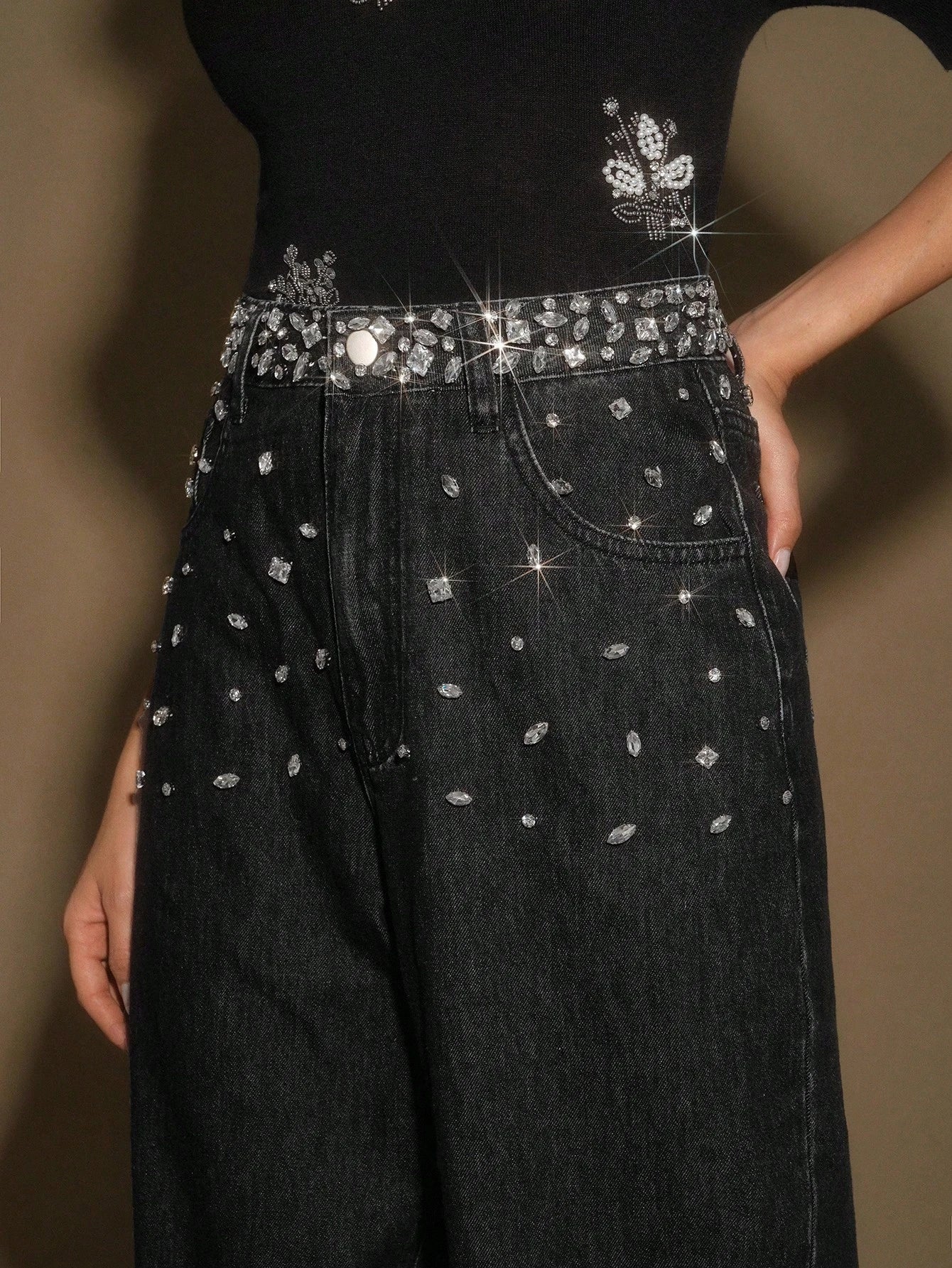 Black Dazzle Band - Rhinestone Embellished Wide Leg Jeans