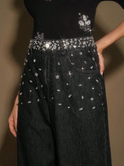 Black Dazzle Band - Rhinestone Embellished Wide Leg Jeans