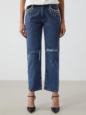 Crystal Drip - Rhinestone Embellished Wide Leg Jeans - Ice Blue