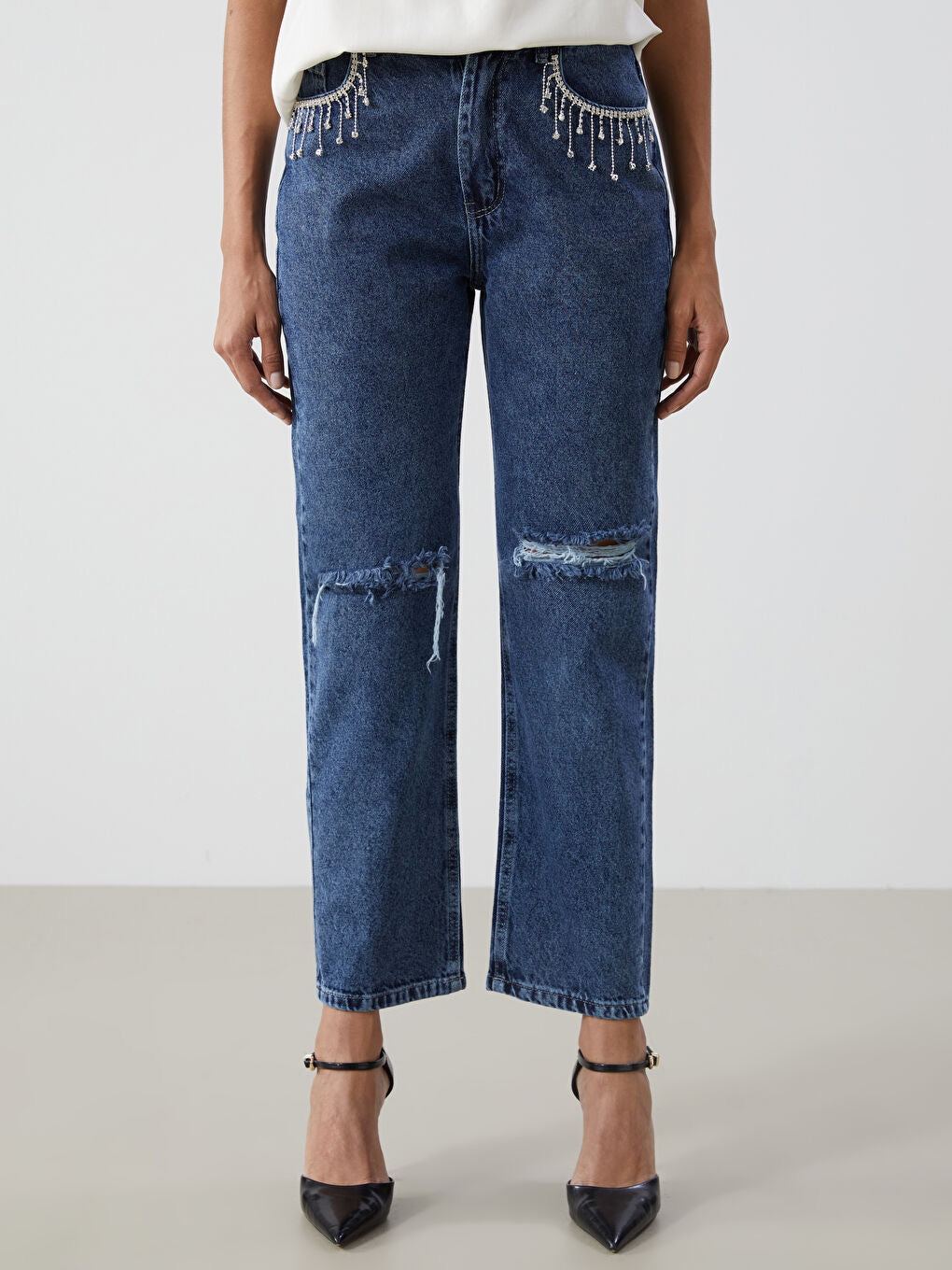 Crystal Drip - Rhinestone Embellished Wide Leg Jeans - Ice Blue