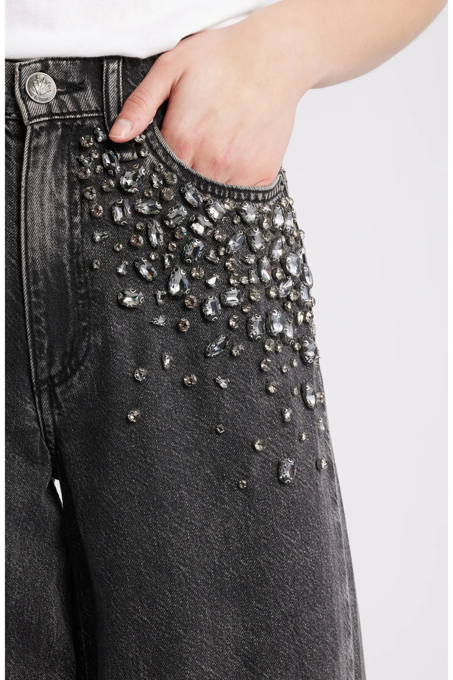 Glam Noir - Rhinestone Embellished Wide Leg Jeans - Black