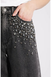 Glam Noir - Rhinestone Embellished Wide Leg Jeans - Black