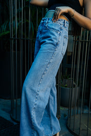 Samantha - Rhinestone Embellished Wide Leg Jeans - Ice Blue