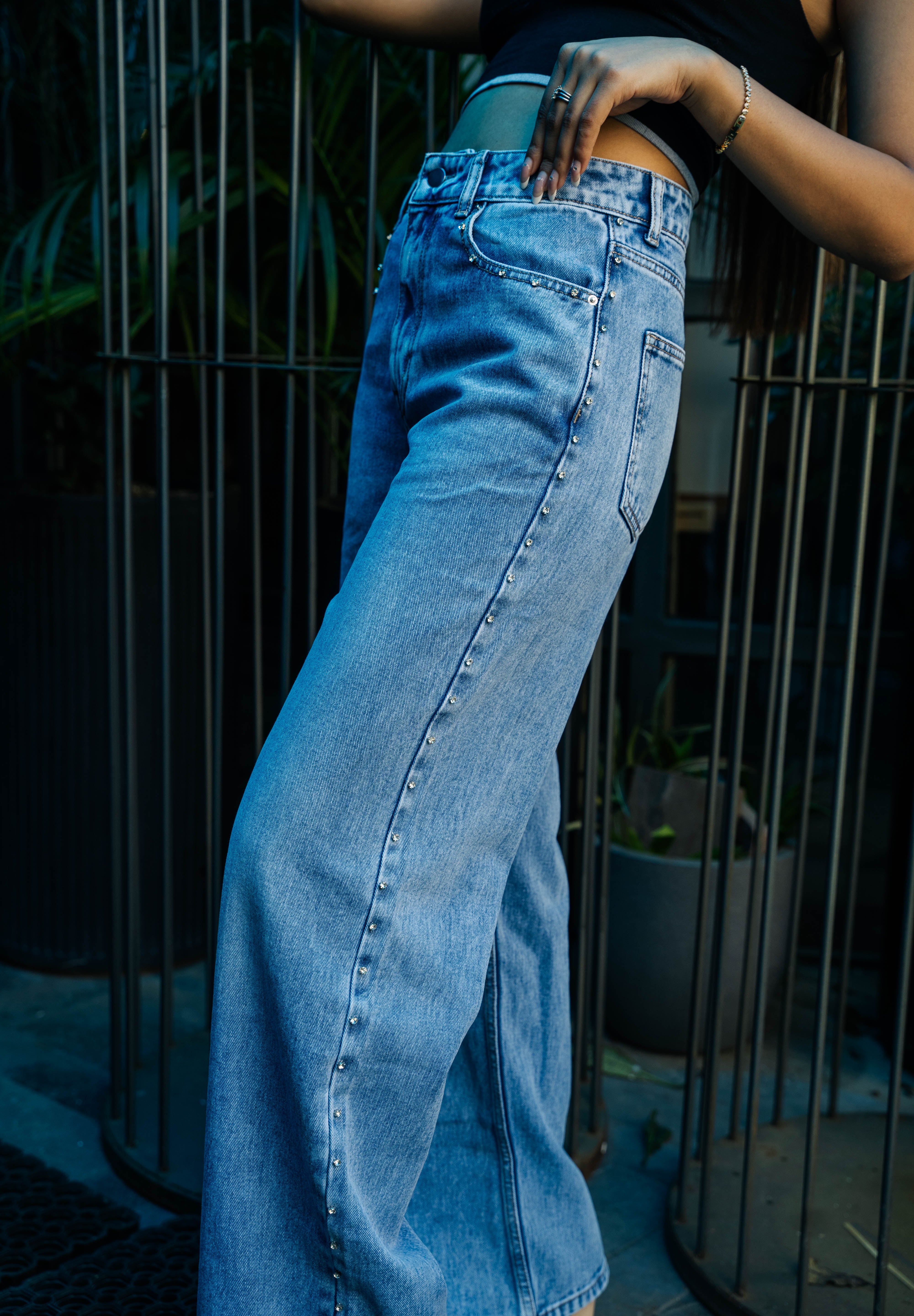 Samantha - Rhinestone Embellished Wide Leg Jeans - Ice Blue