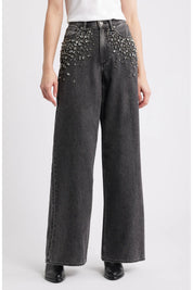 Glam Noir - Rhinestone Embellished Wide Leg Jeans - Black