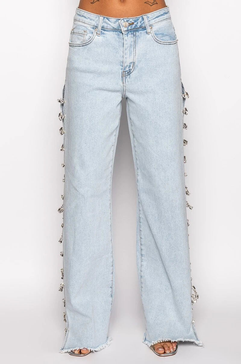 Side Slit Rhinestone Embellished Wide Leg Jeans
