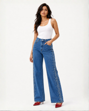 Eclipse - Rhinestone Embellished Wide Leg Jeans - Dark Blue