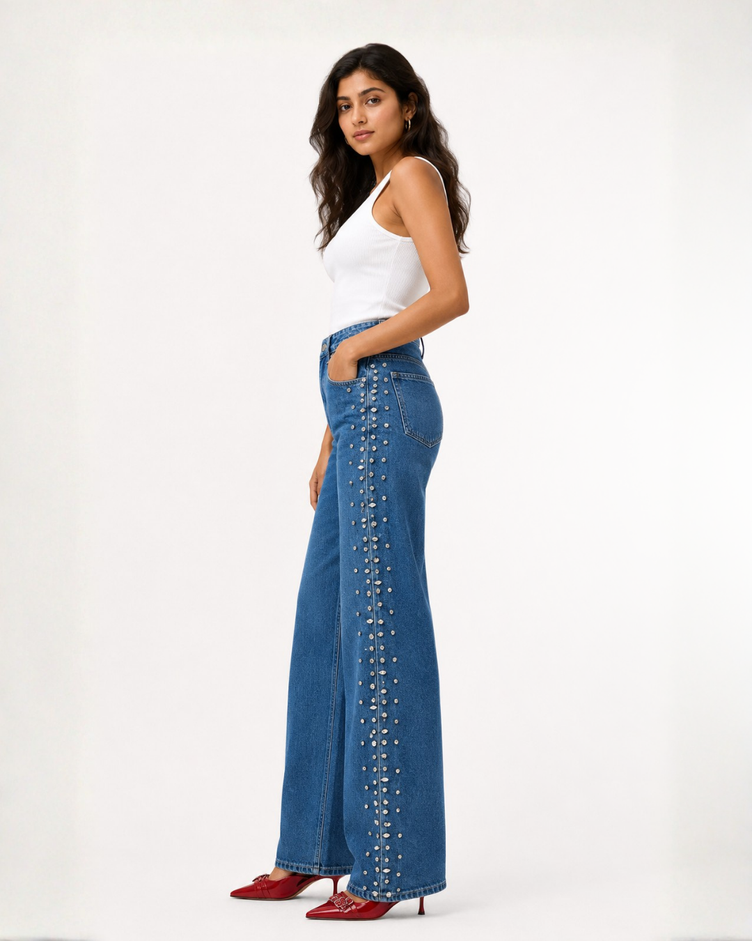Eclipse - Rhinestone Embellished Wide Leg Jeans - Dark Blue
