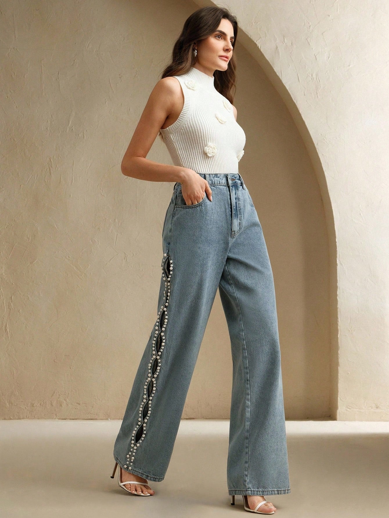 Ophelia - Pearl Embellished Wide Leg Jeans - Ice Blue