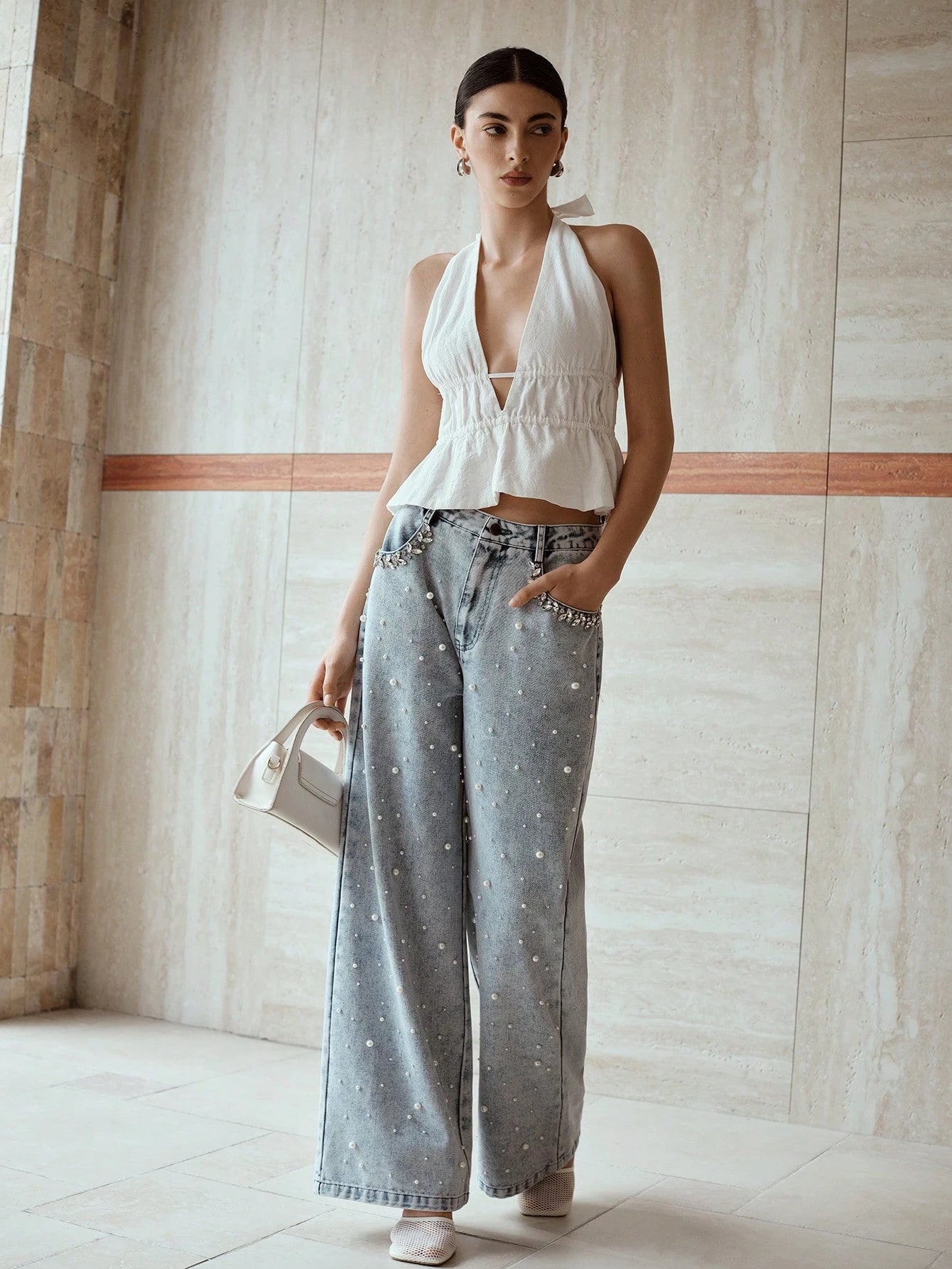 Garden of Light - Pearl Embellished Wide Leg Jeans - Ice Blue