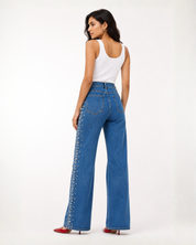 Eclipse - Rhinestone Embellished Wide Leg Jeans - Dark Blue