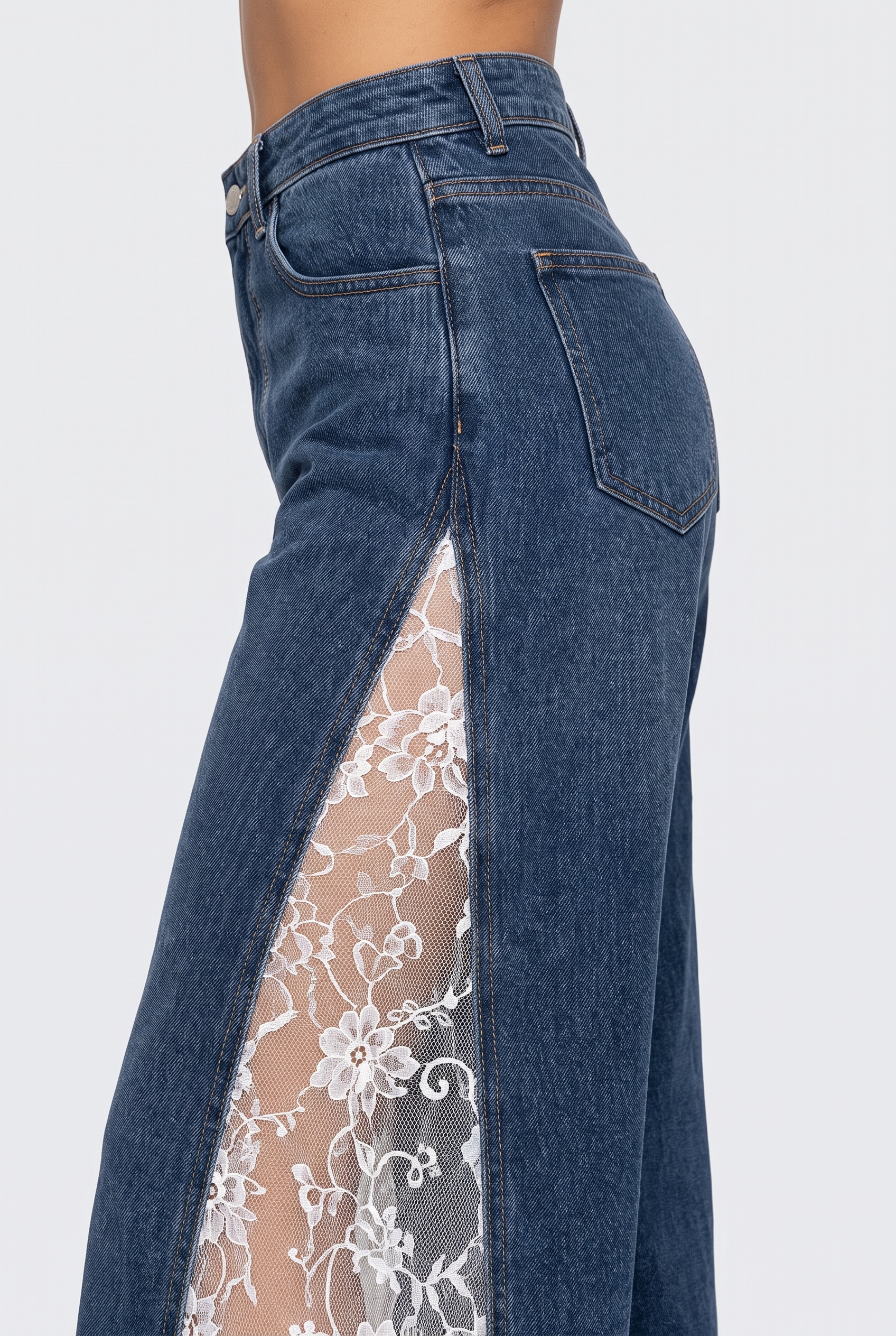 Juliette - Pearl Embellished Lace Jeans - Dark Blue
