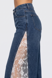 Juliette - Pearl Embellished Lace Jeans - Dark Blue