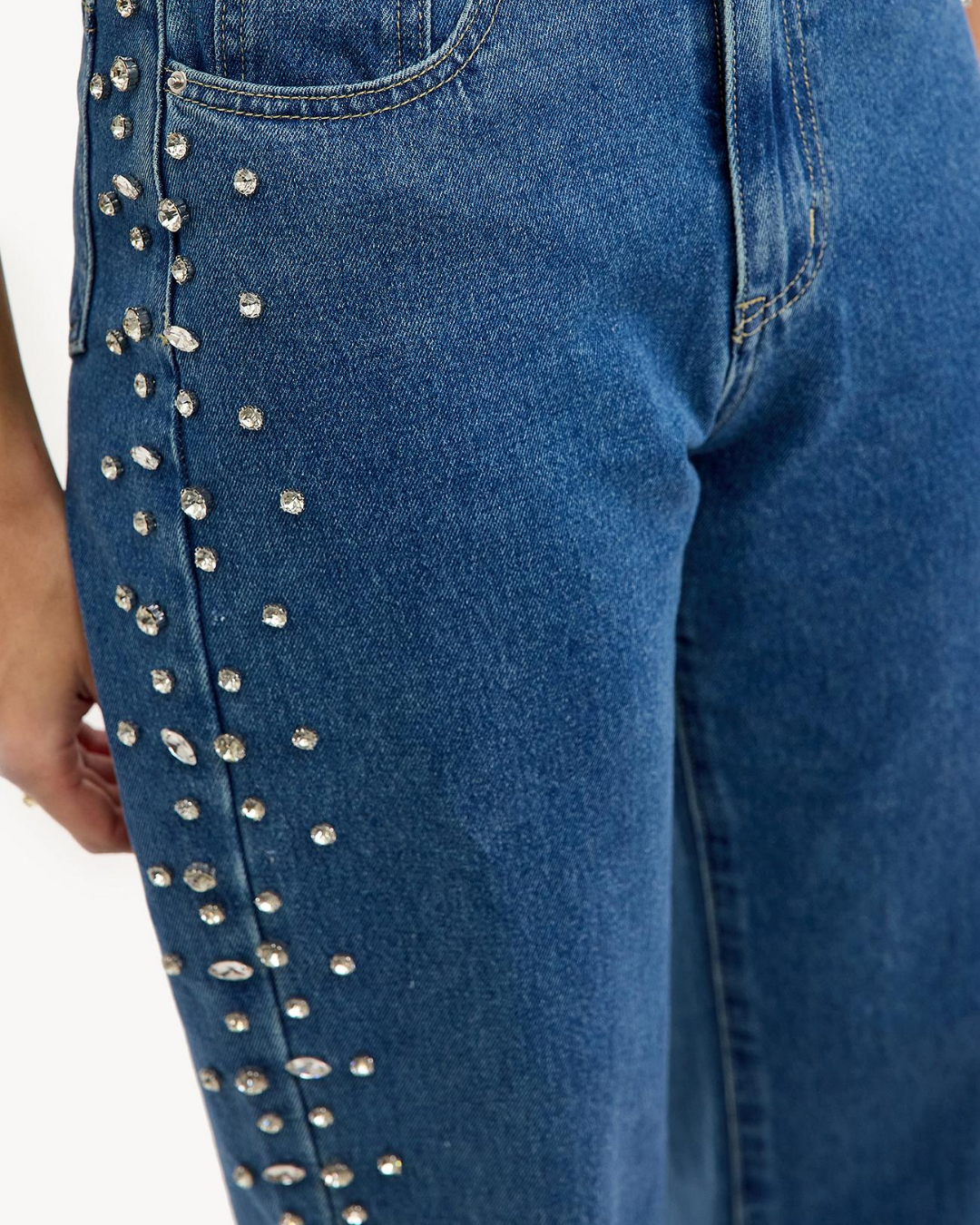 Eclipse - Rhinestone Embellished Wide Leg Jeans - Dark Blue