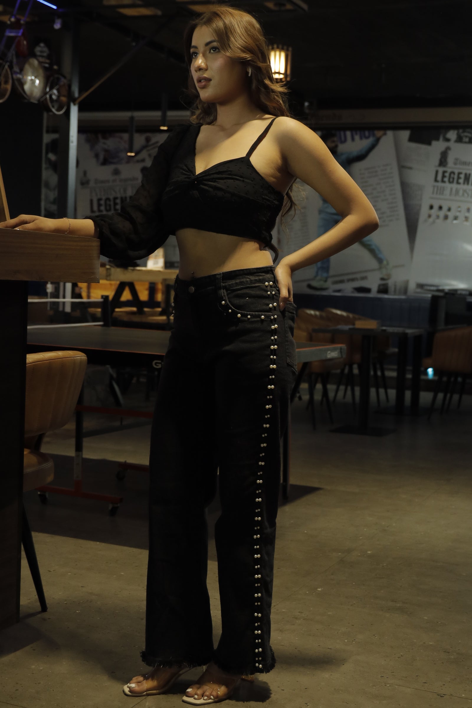 Myra - High Rise Pearl Embellished Wide Leg Jeans