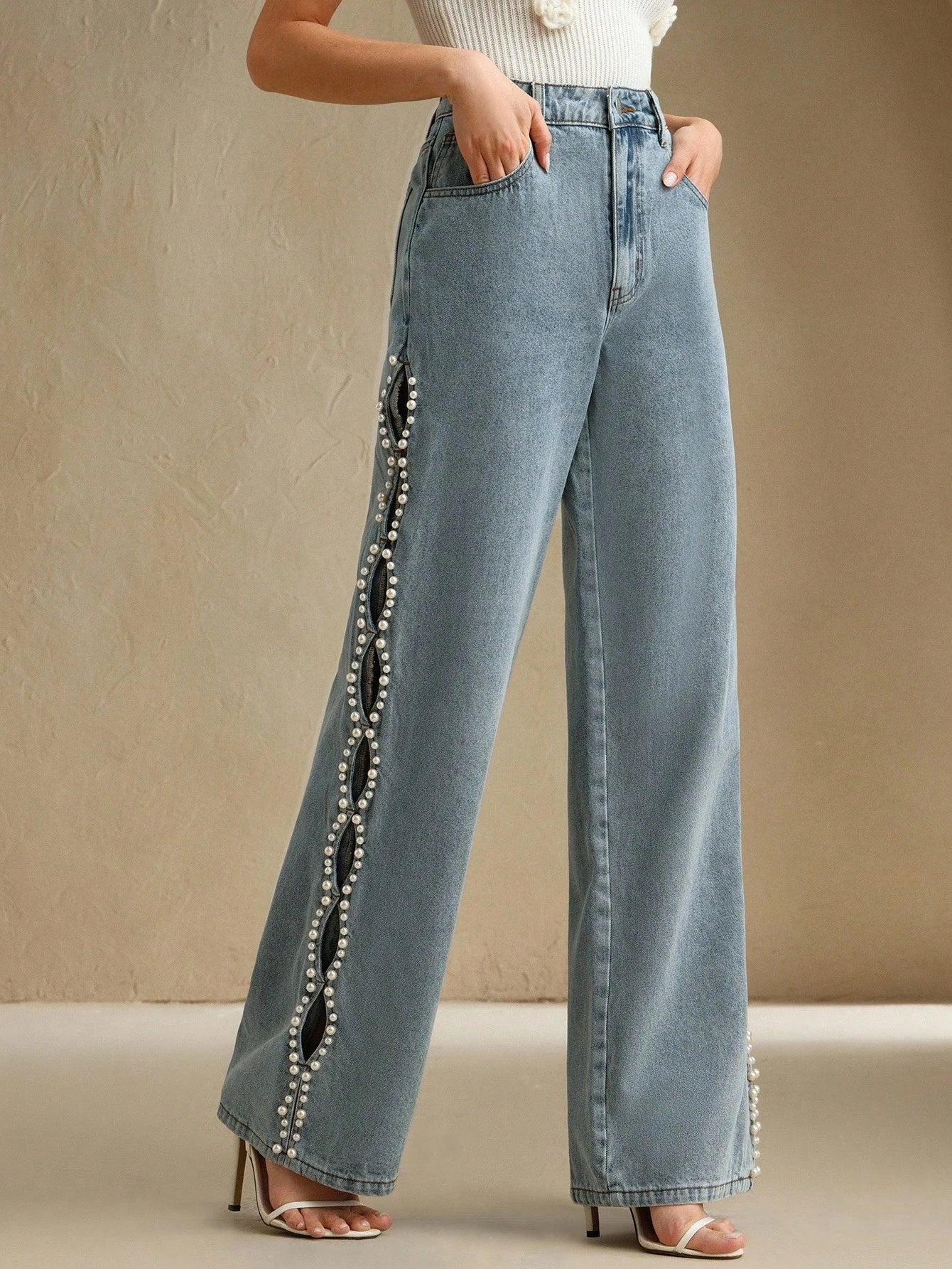 Ophelia - Pearl Embellished Wide Leg Jeans - Ice Blue